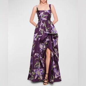 Marchesa Notte Jacquard Drape Floral Ball Gown